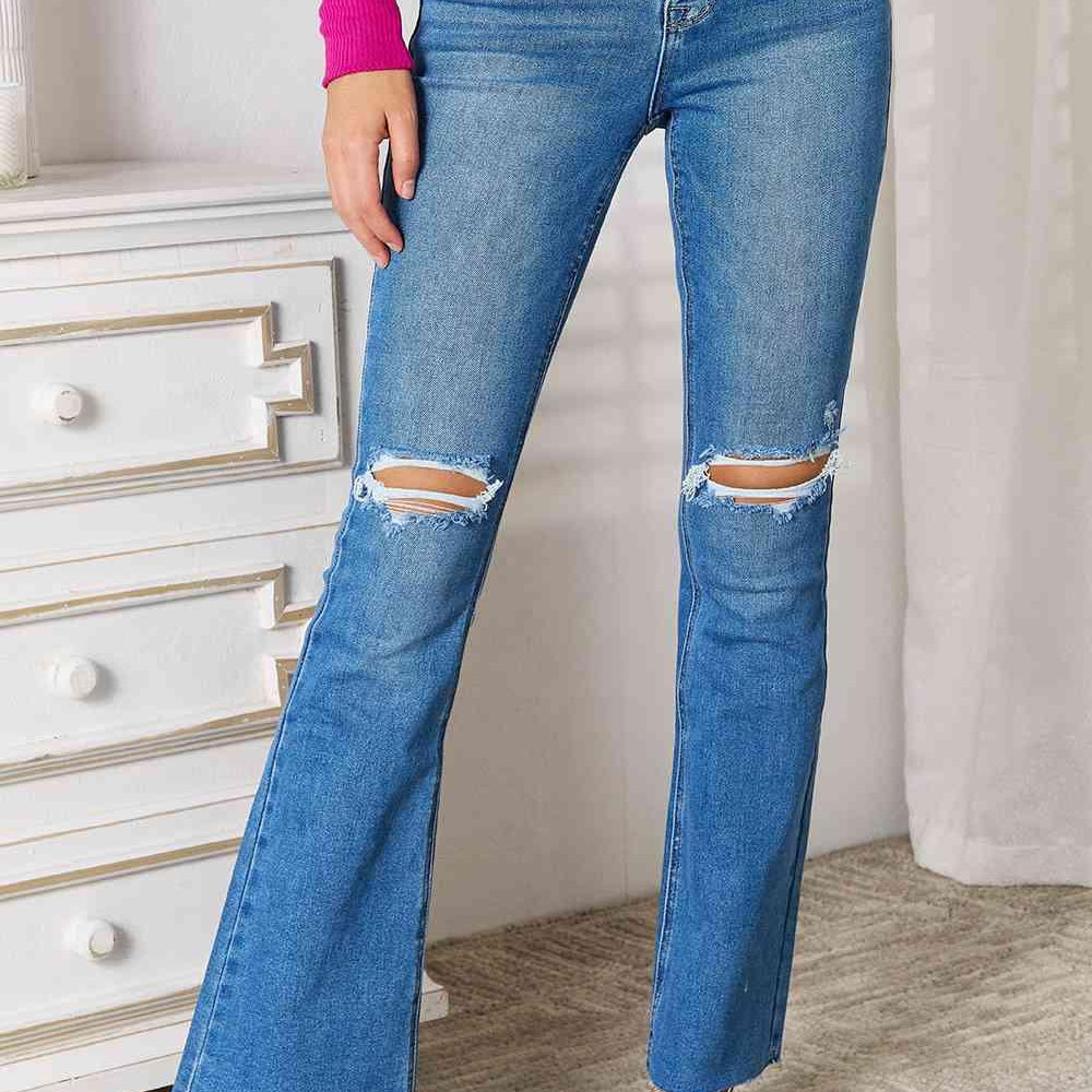 Kancan Full Size Distressed Raw Hem Bootcut Jeans - Elena Rae Co.