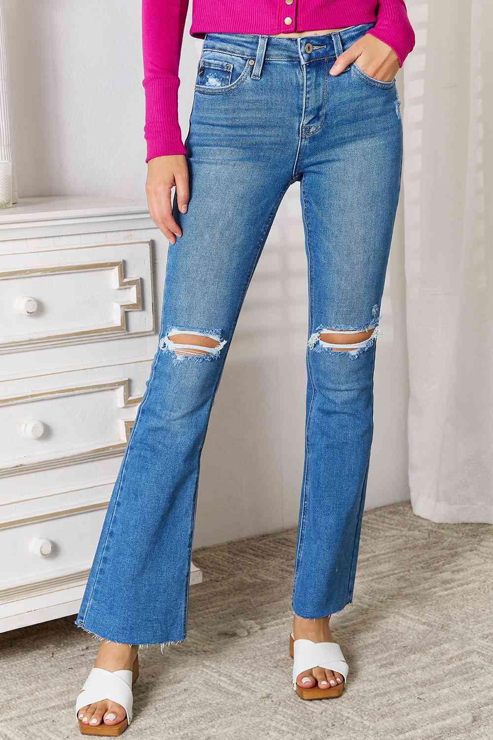 Kancan Full Size Distressed Raw Hem Bootcut Jeans - Elena Rae Co.