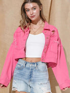 Cropped Collared Neck Dropped Shoulder Denim Jacket - Elena Rae Co.