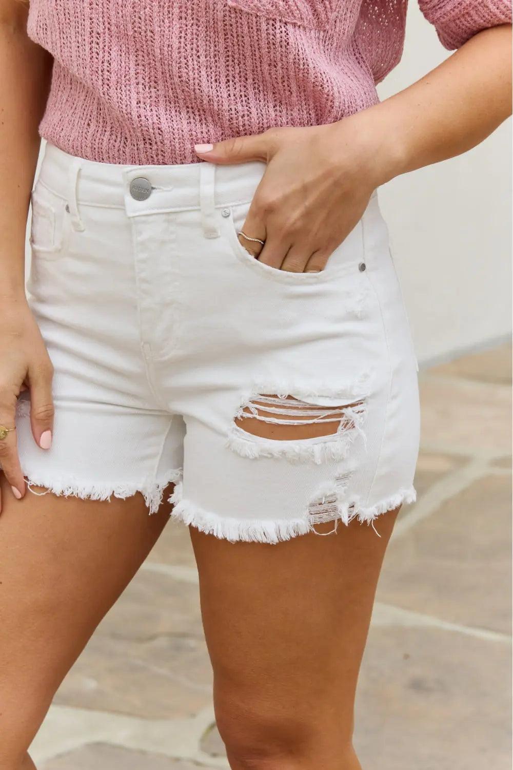 RISEN Lily High Waisted Distressed Shorts.