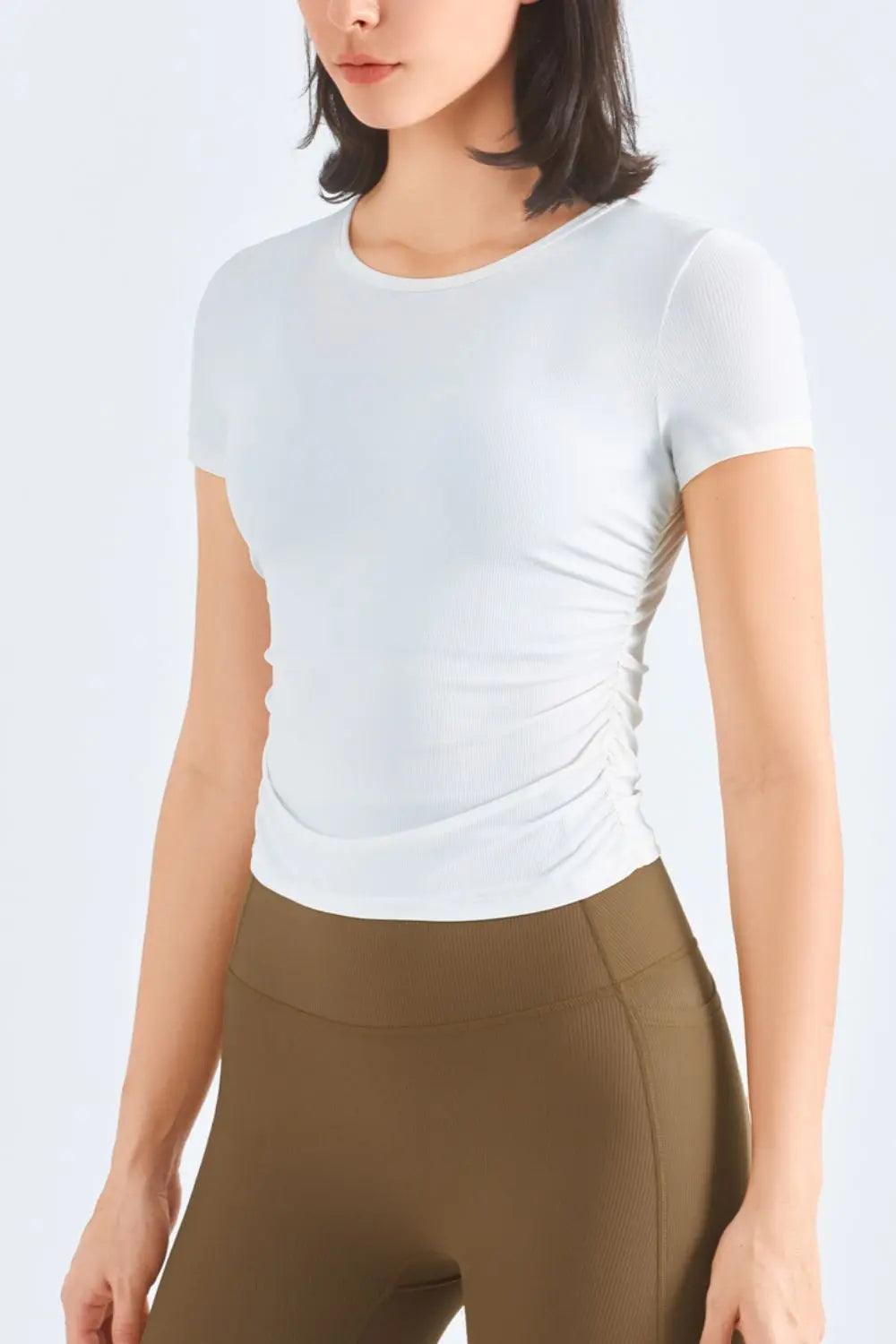 Ruched Round Neck Sports Top - Elena Rae Co.