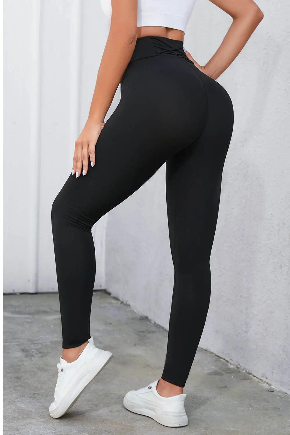 Crisscross Detail Wide Waistband Leggings - Elena Rae Co.