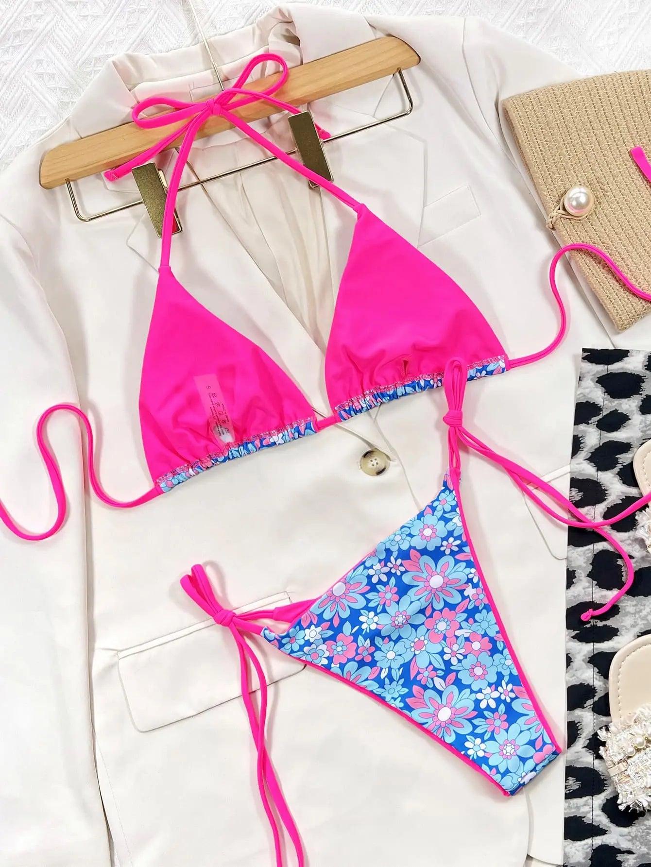 Floral Halter Neck Tie Side Bikini Set.