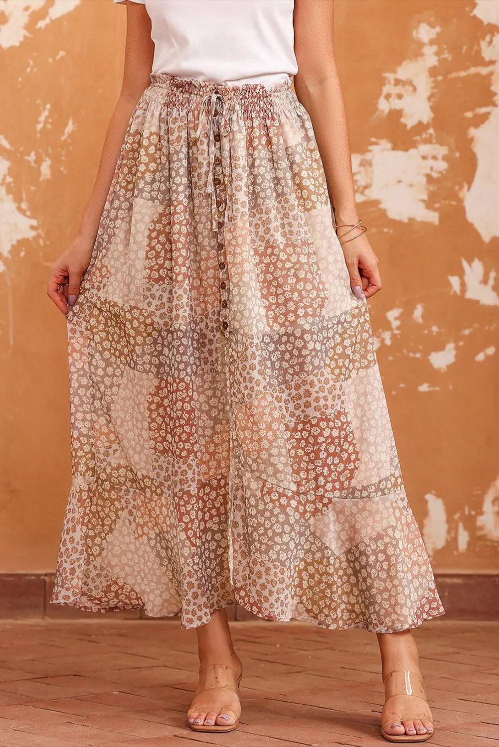 Floral Buttoned Front Slit Skirt - Elena Rae Co.