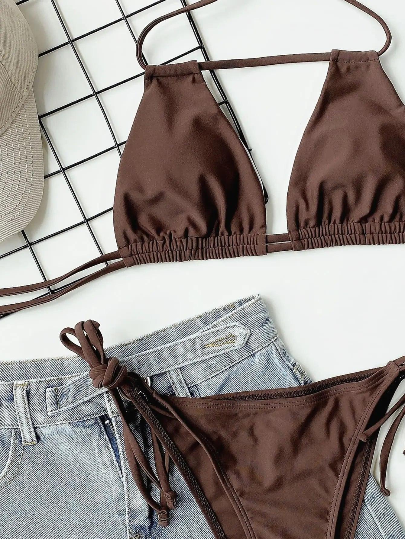 Halter Neck Ruched Bikini Set.