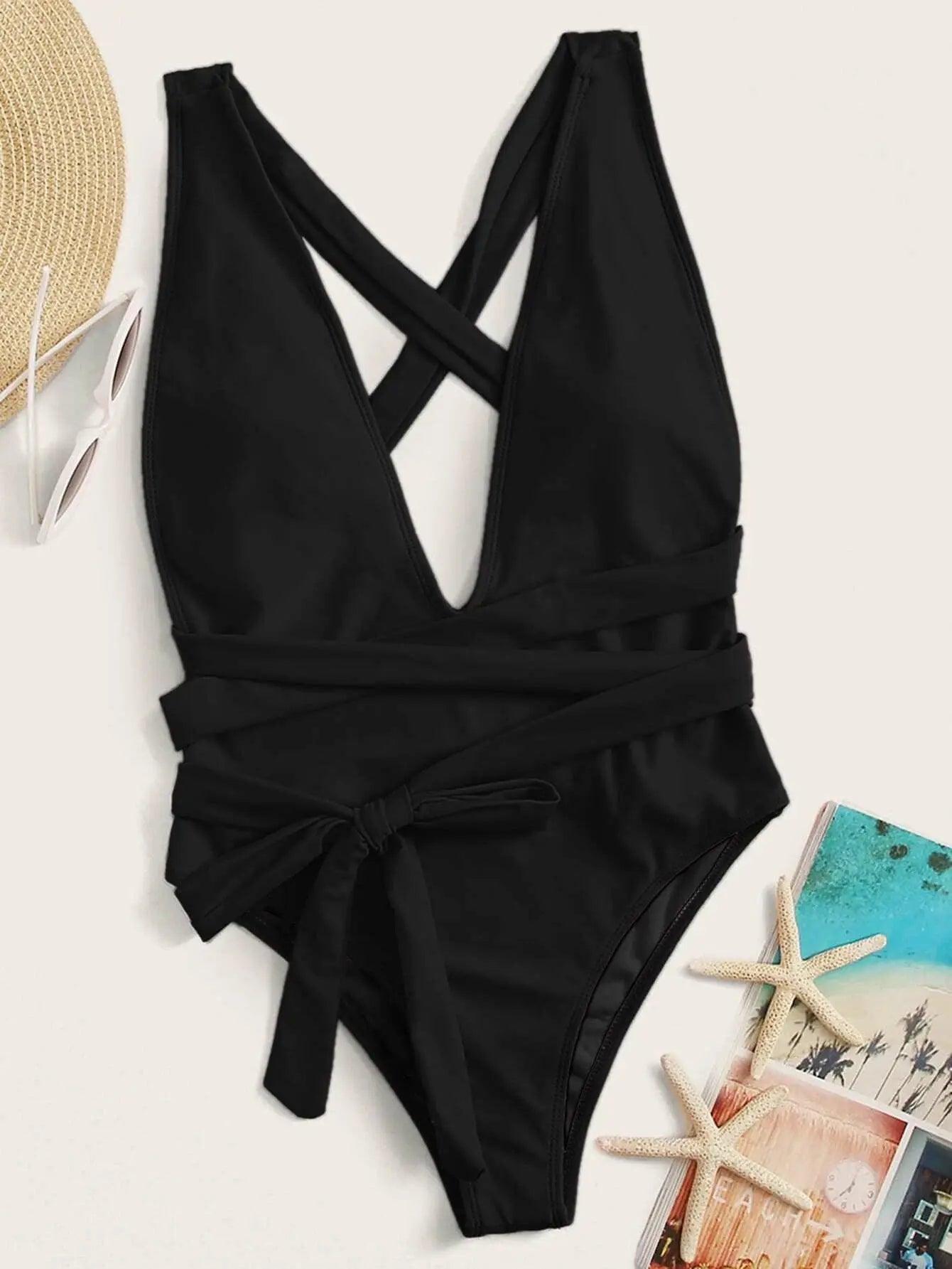 Halter Neck Deep V Tied One-Piece Swimsuit.