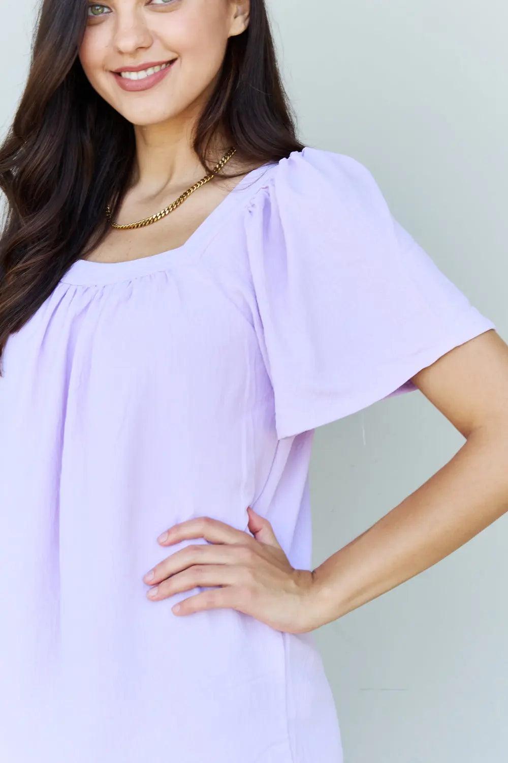 Ninexis Keep Me Close Square Neck Short Sleeve Blouse in Lavender - Elena Rae Co.