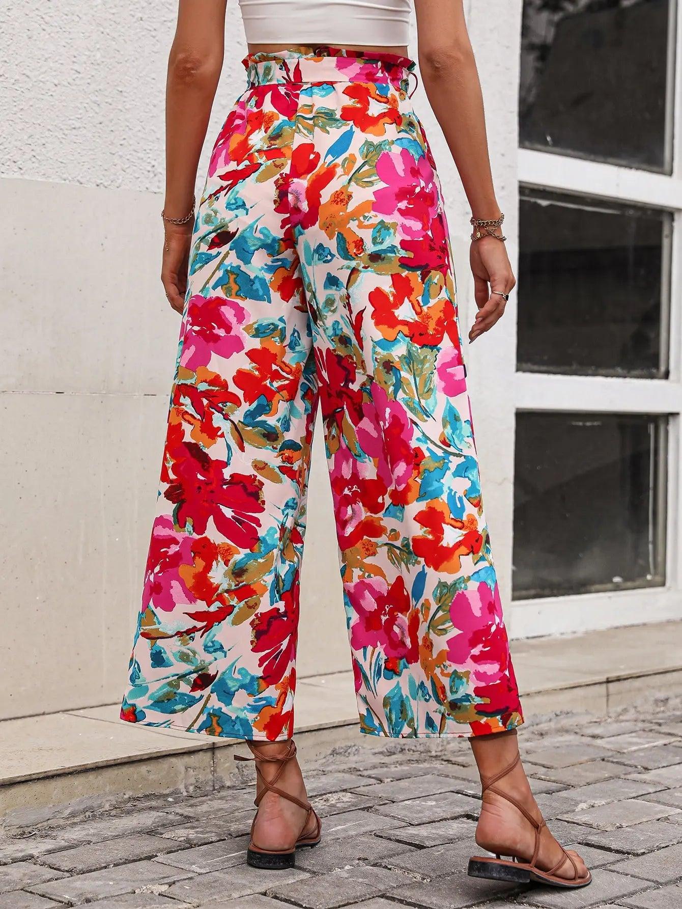 Floral Tie Belt Wide Leg Pants - Elena Rae Co.