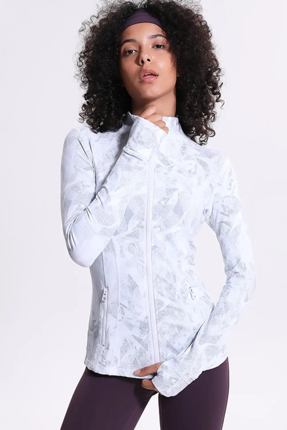 Printed Zip Up Thumbhole Sleeve Sports Jacket - Elena Rae Co.