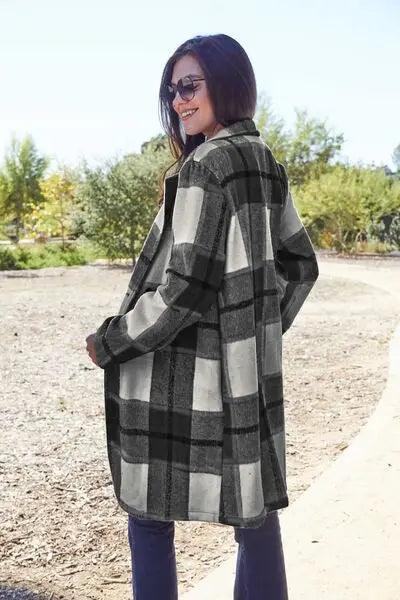 Double Take Full Size Plaid Button Up Lapel Collar Coat - Elena Rae Co.