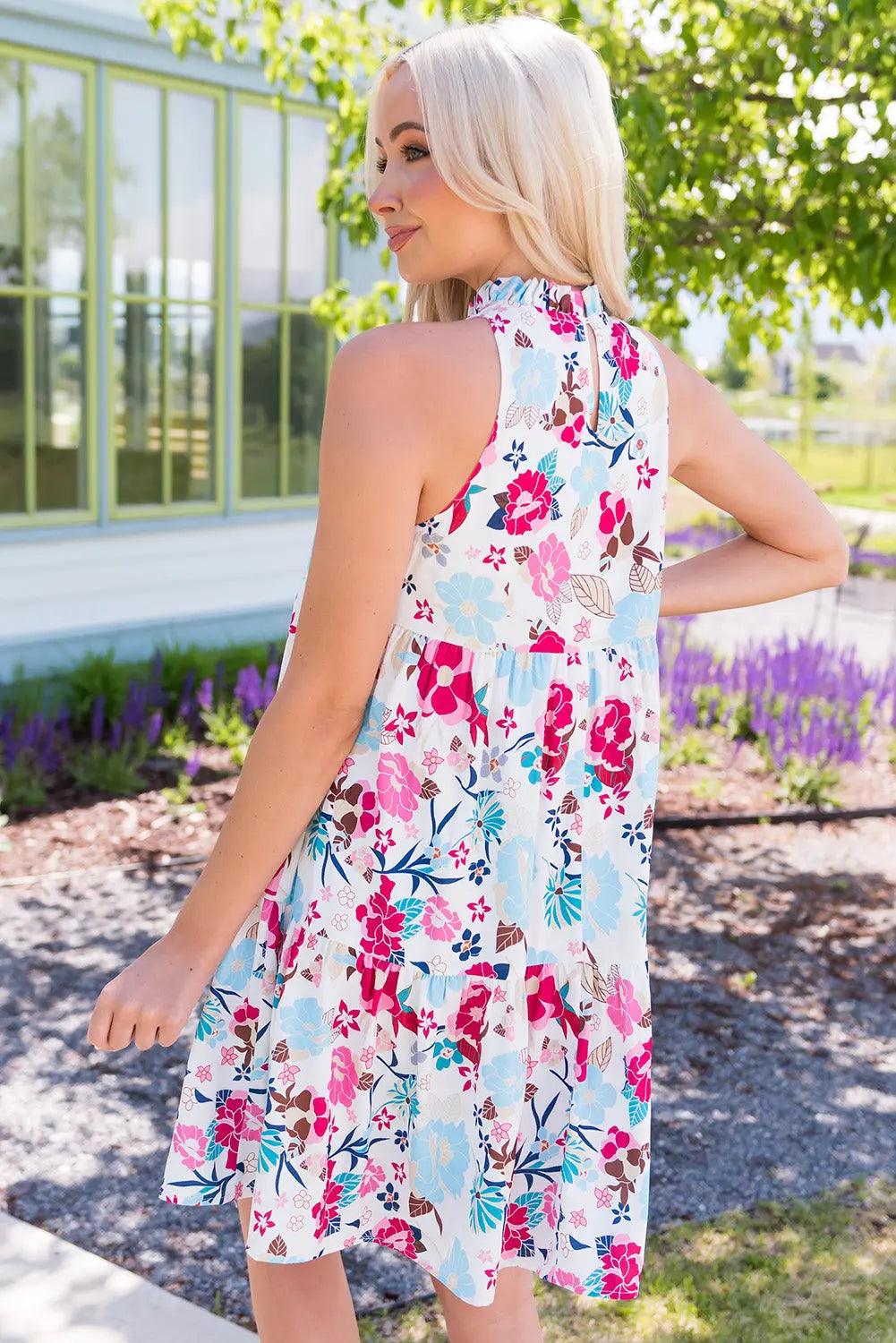 Floral Mock Neck Sleeveless Tiered Dress - Elena Rae Co.