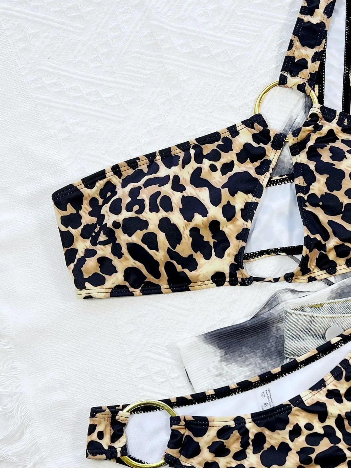 Leopard One-Shoulder Bikini Set.