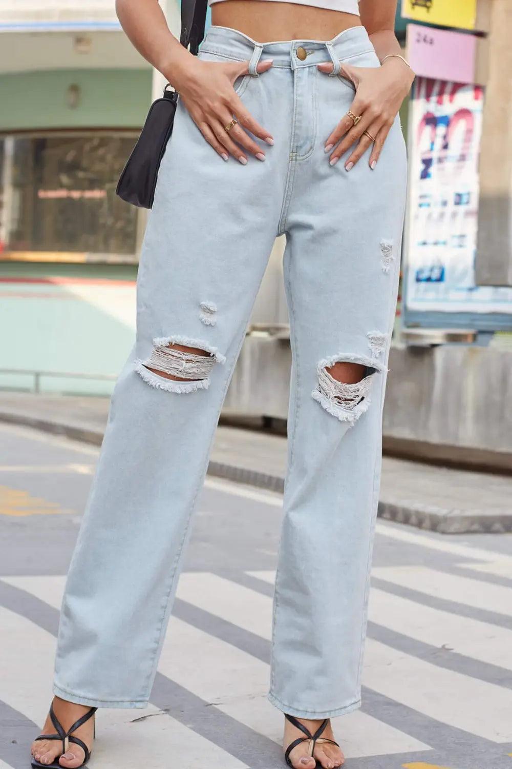 Distressed Straight Leg Jeans with Pockets.