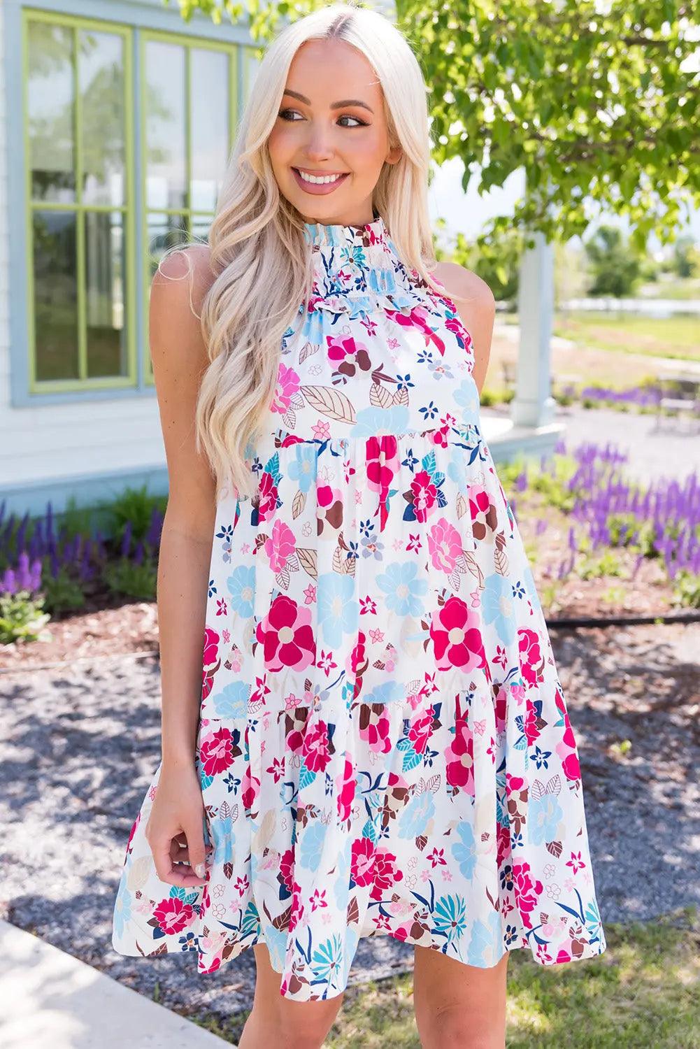 Floral Mock Neck Sleeveless Tiered Dress - Elena Rae Co.