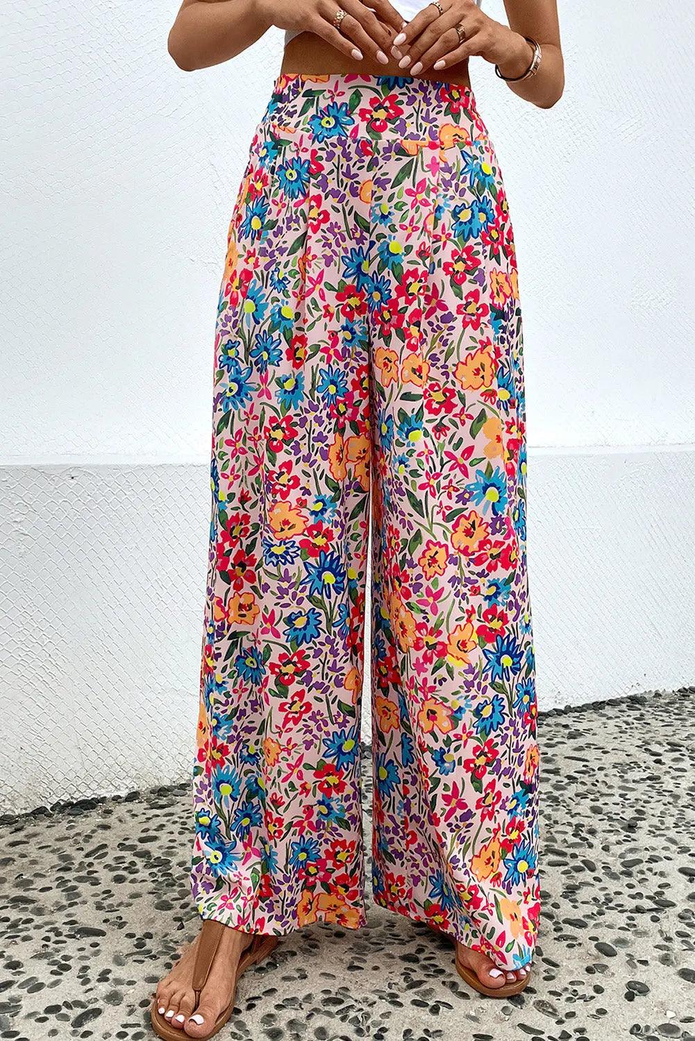 Floral Print Wide Leg Long Pants - Elena Rae Co.