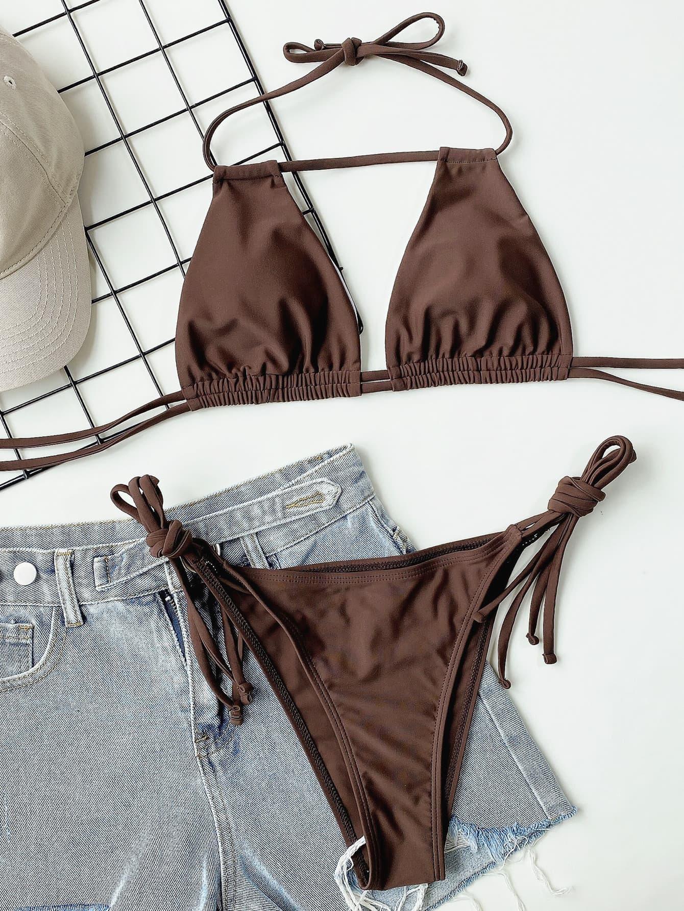 Halter Neck Ruched Bikini Set.