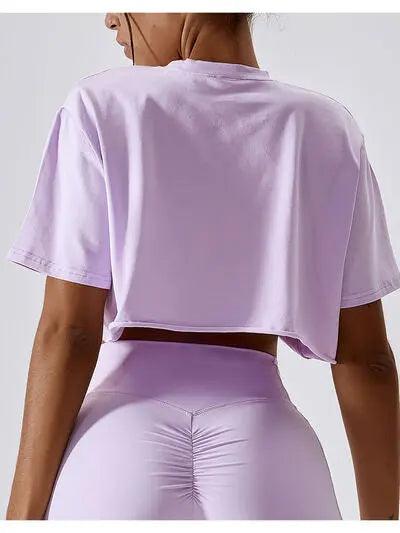 Cropped Round Neck Short Sleeve Active Top - Elena Rae Co.