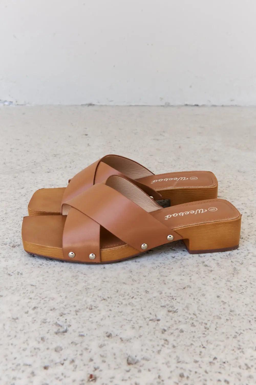 Weeboo Step Into Summer Criss Cross Wooden Clog Mule in Brown - Elena Rae Co.