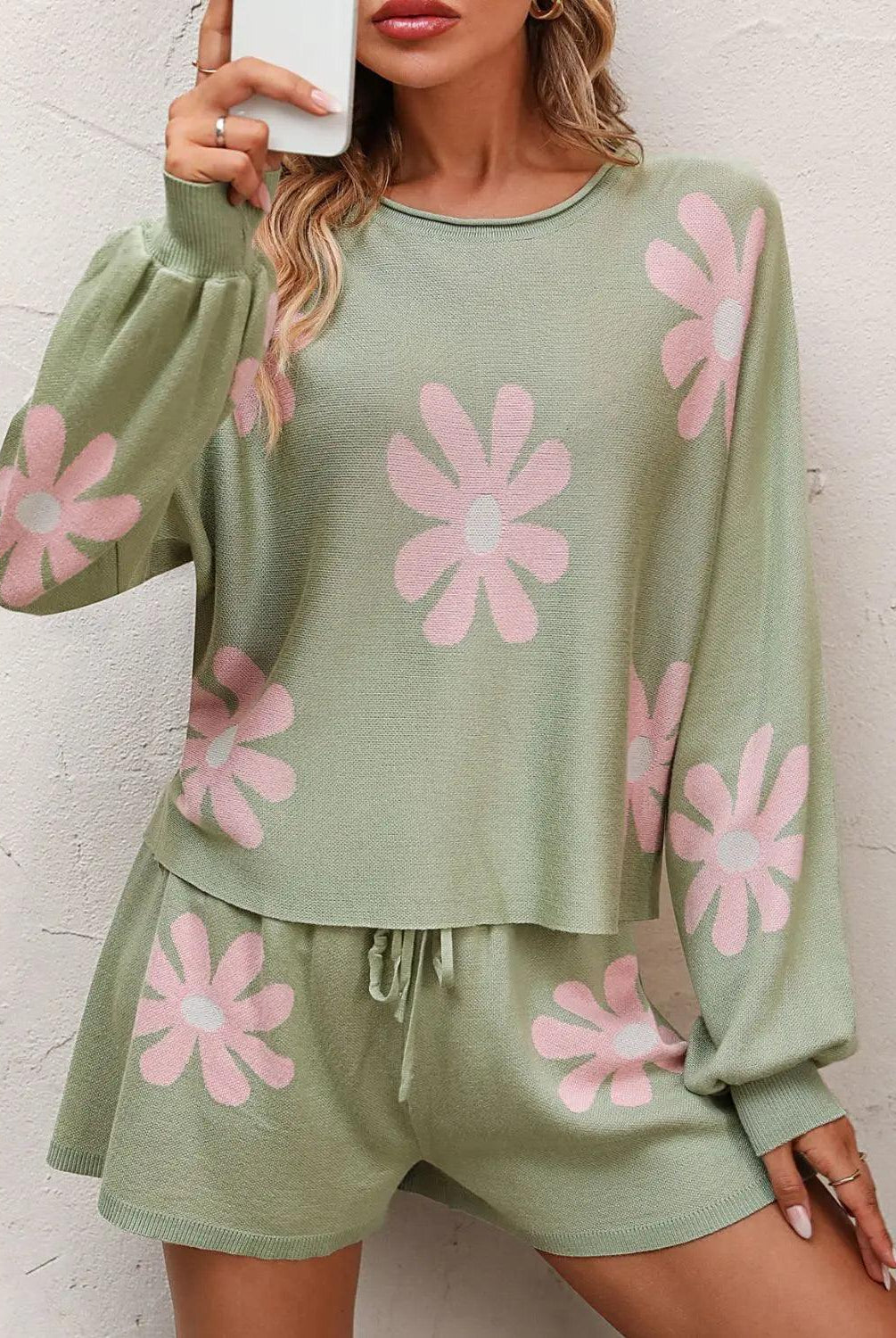 Floral Print Raglan Sleeve Knit Top and Tie Front Sweater Shorts Set - Elena Rae Co.