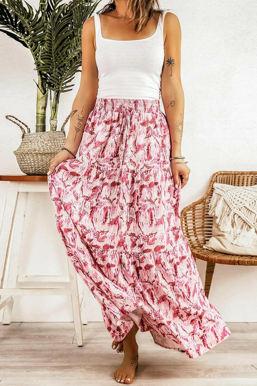 Printed Smocked Waist Maxi Skirt - Elena Rae Co.