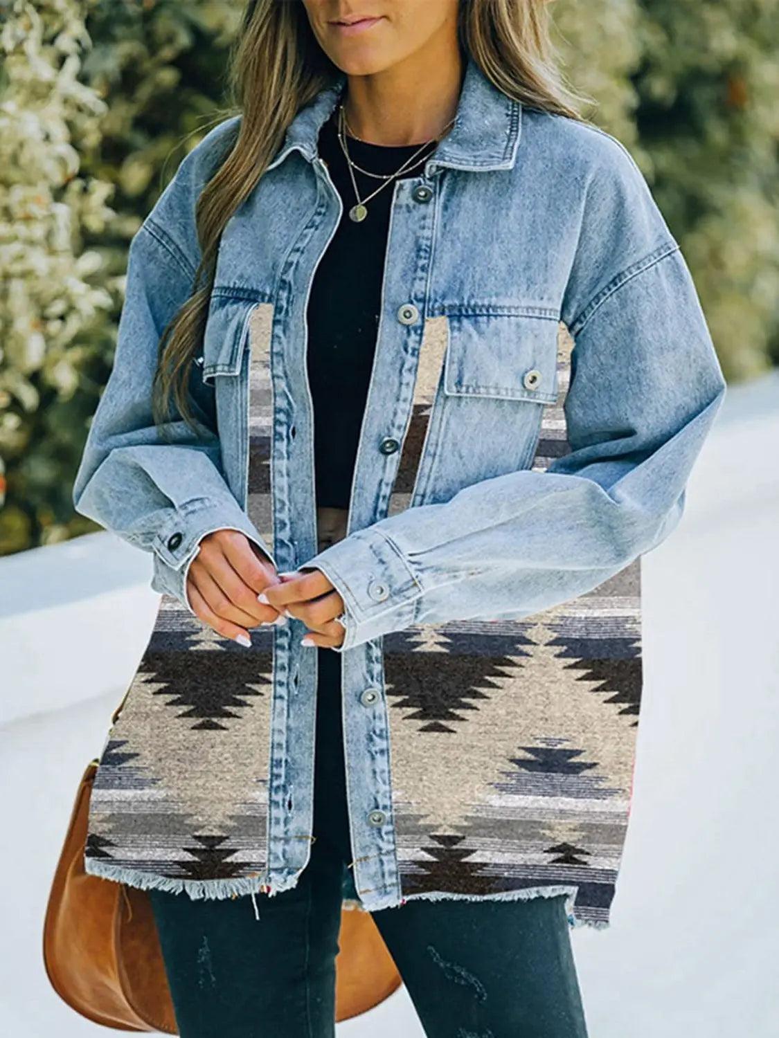 Collared Neck Dropped Shoulder Denim Jacket - Elena Rae Co.