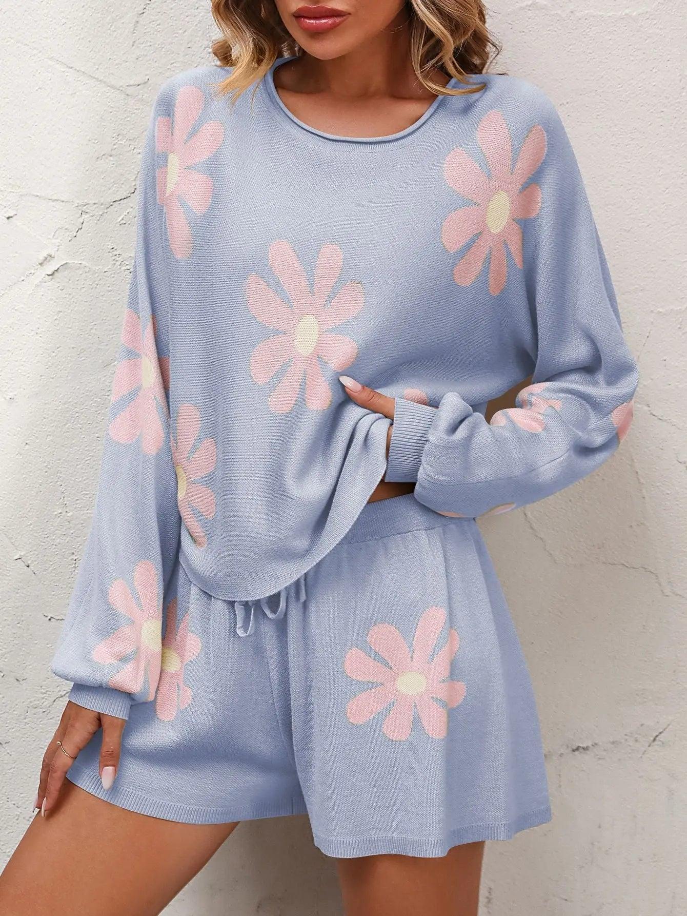 Floral Print Raglan Sleeve Knit Top and Tie Front Sweater Shorts Set - Elena Rae Co.