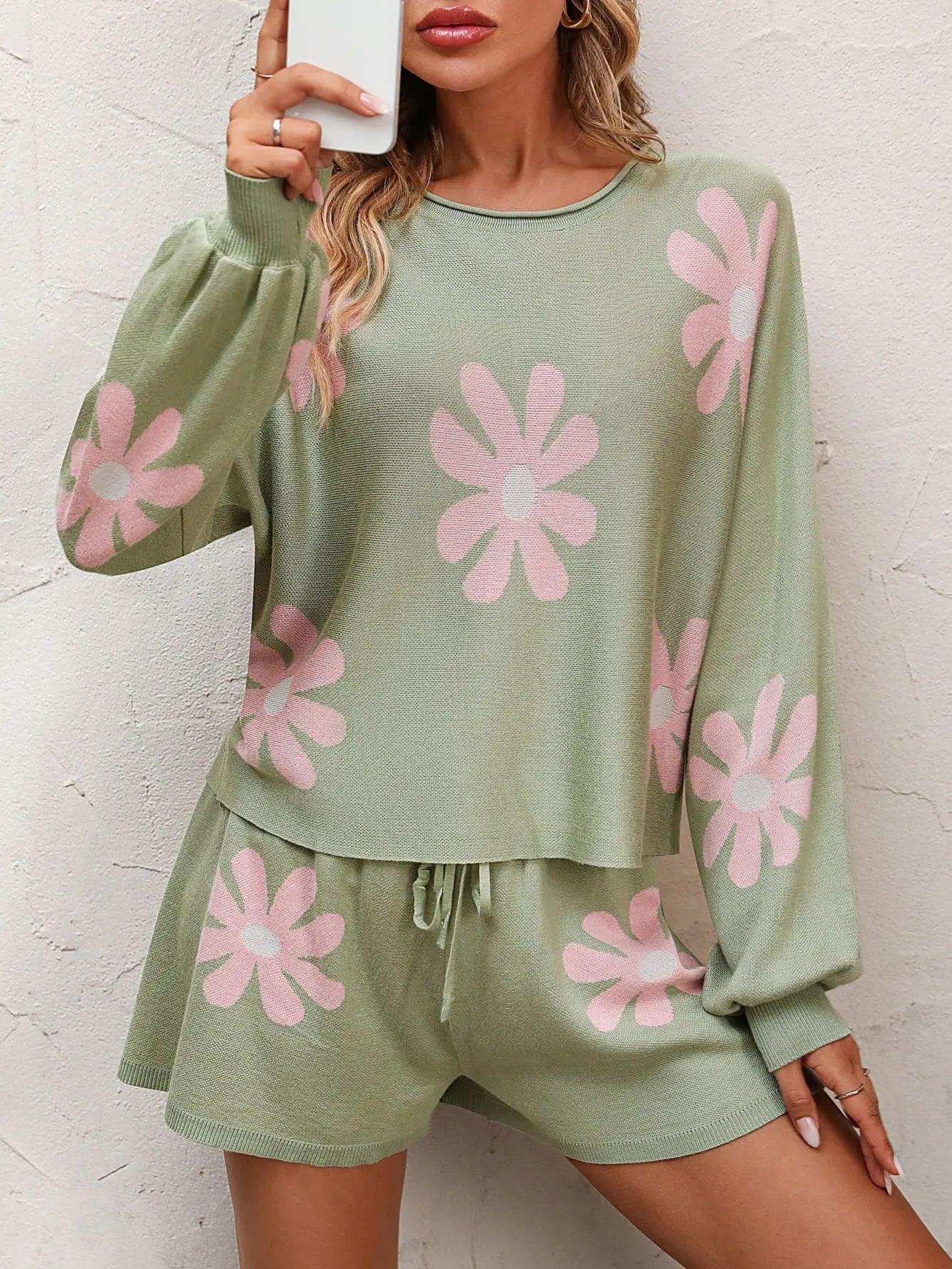 Floral Print Raglan Sleeve Knit Top and Tie Front Sweater Shorts Set - Elena Rae Co.