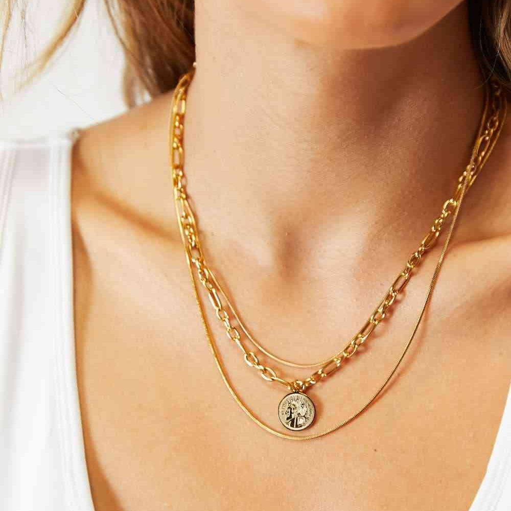 Adored Coin Pendant Triple-Layered Chain Necklace - Elena Rae Co.