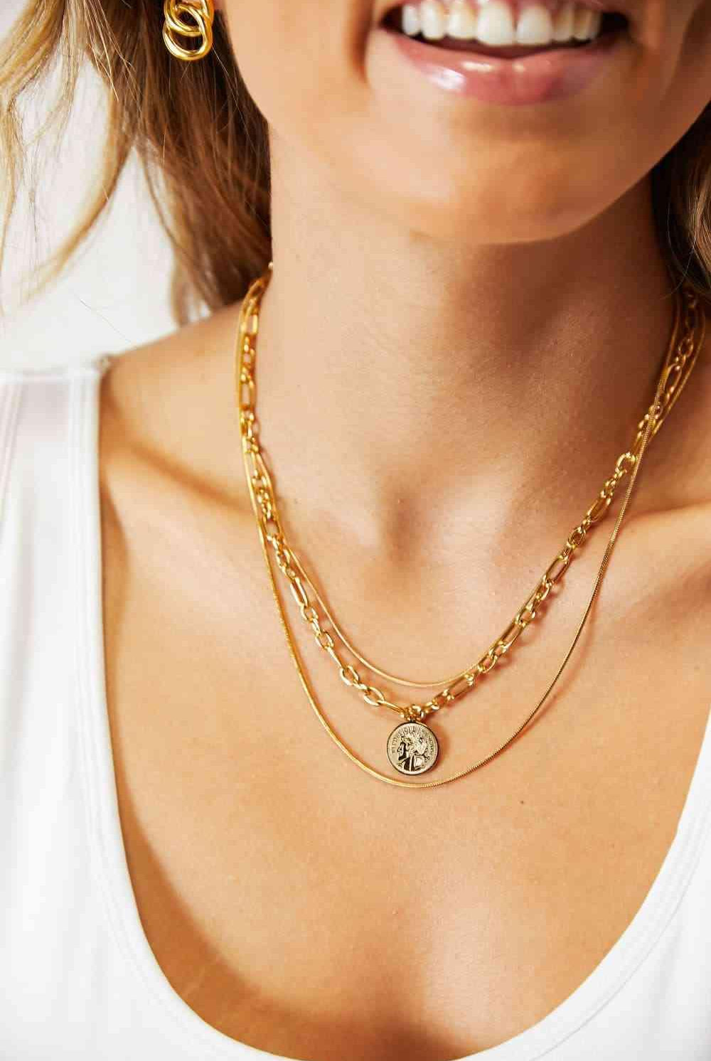 Adored Coin Pendant Triple-Layered Chain Necklace - Elena Rae Co.