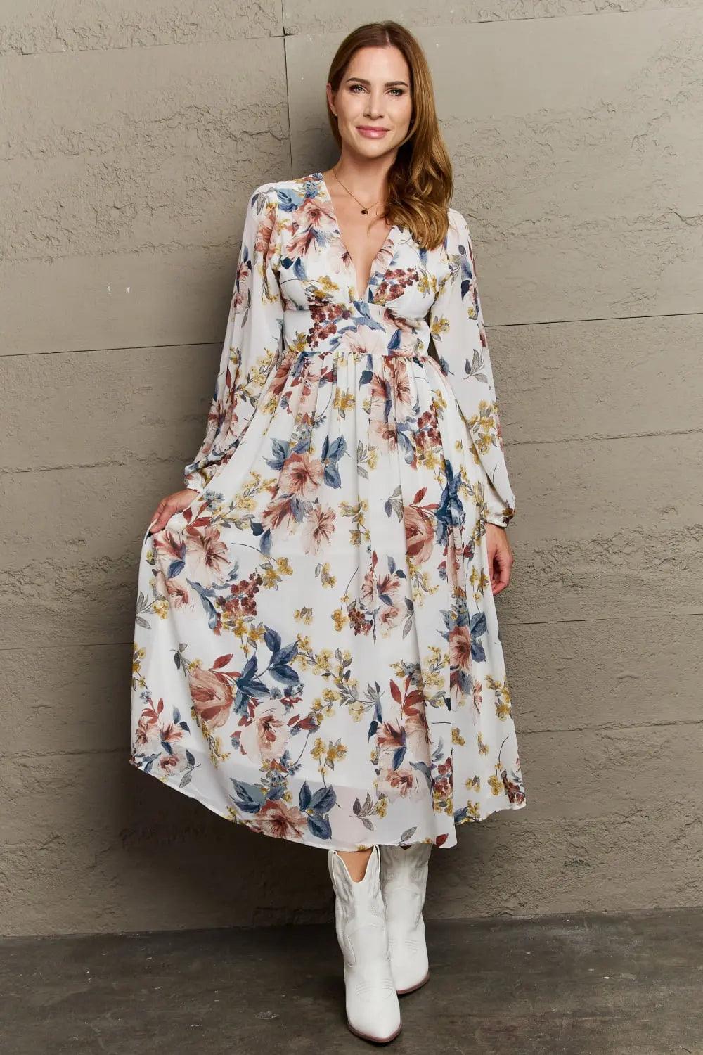 OneTheLand Good Day Chiffon Floral Midi Dress - Elena Rae Co.