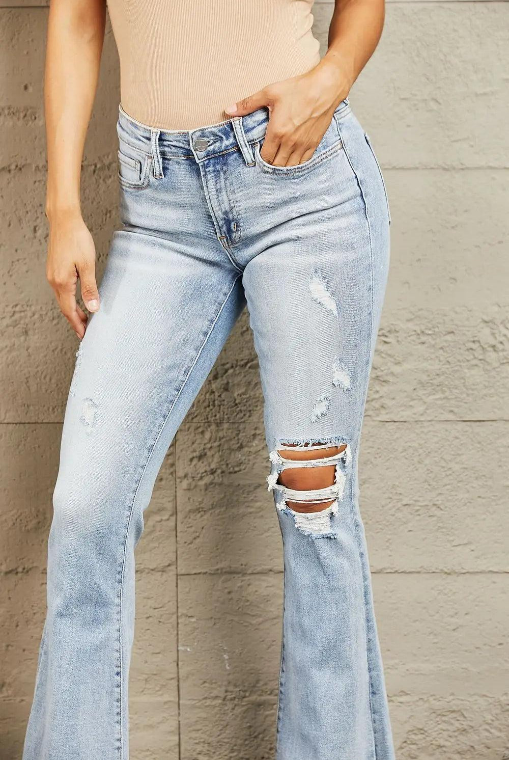 BAYEAS Mid Rise Distressed Flare Jeans - Elena Rae Co.