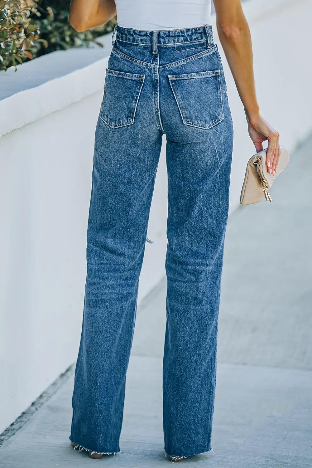 High-Rise Distressed Raw Hem Jeans - Elena Rae Co.