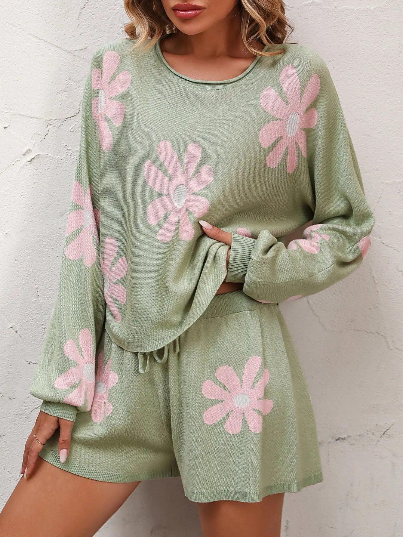 Floral Print Raglan Sleeve Knit Top and Tie Front Sweater Shorts Set - Elena Rae Co.