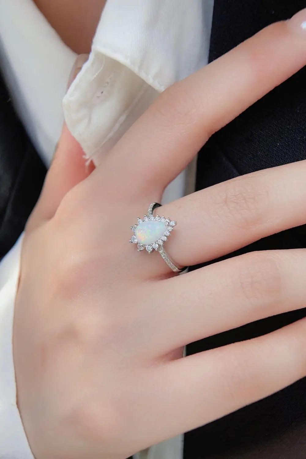 Platinum-Plated Opal Pear Shape Ring - Elena Rae Co.