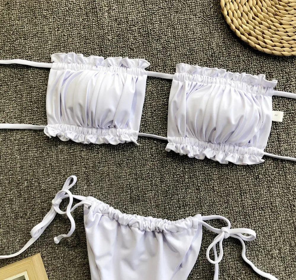 Frill Trim Ruched Bikini Set.