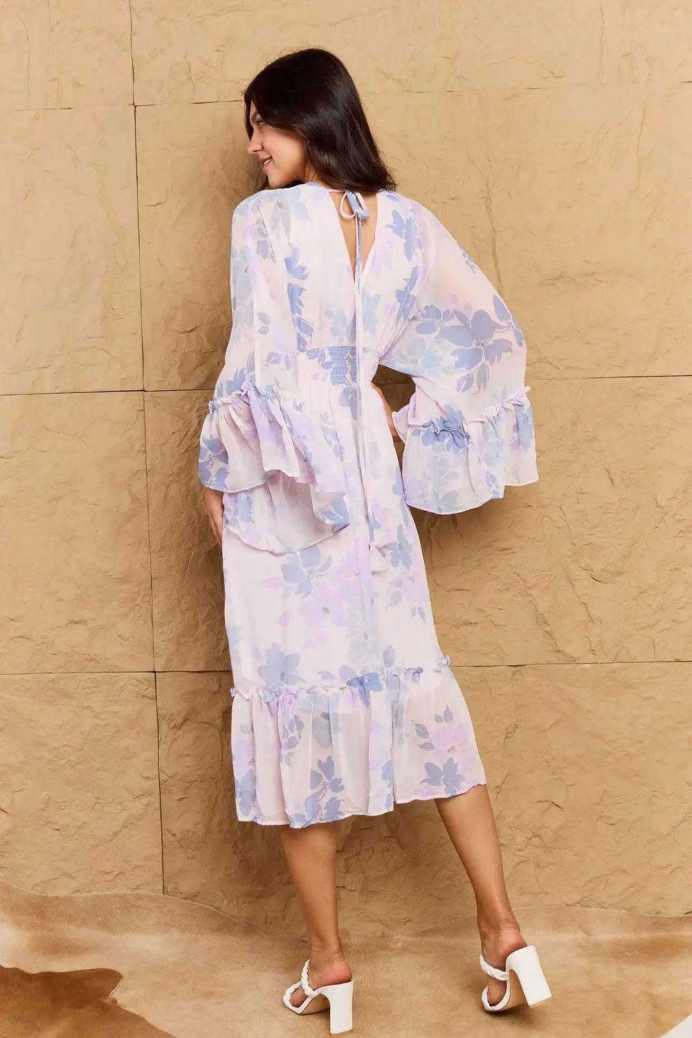 OneTheLand Take Me With You Floral Bell Sleeve Midi Dress in Blue - Elena Rae Co.