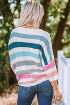 Striped Round Neck Sweater with Breast Pocket - Elena Rae Co.