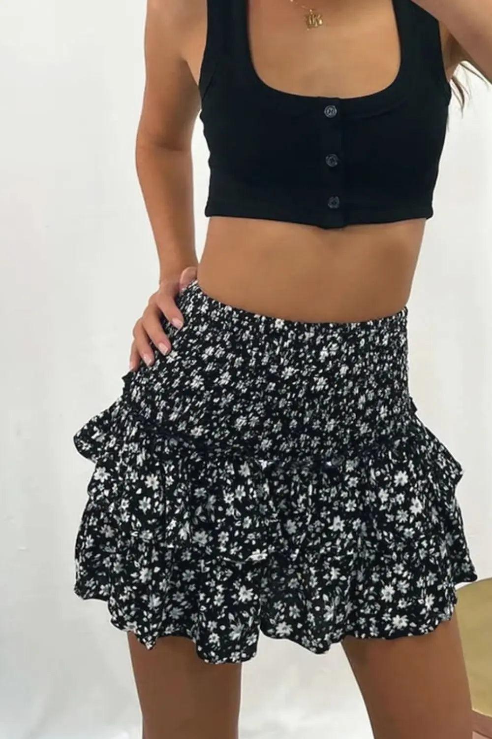 Printed Frill Trim Smocked Mini Skirt - Elena Rae Co.