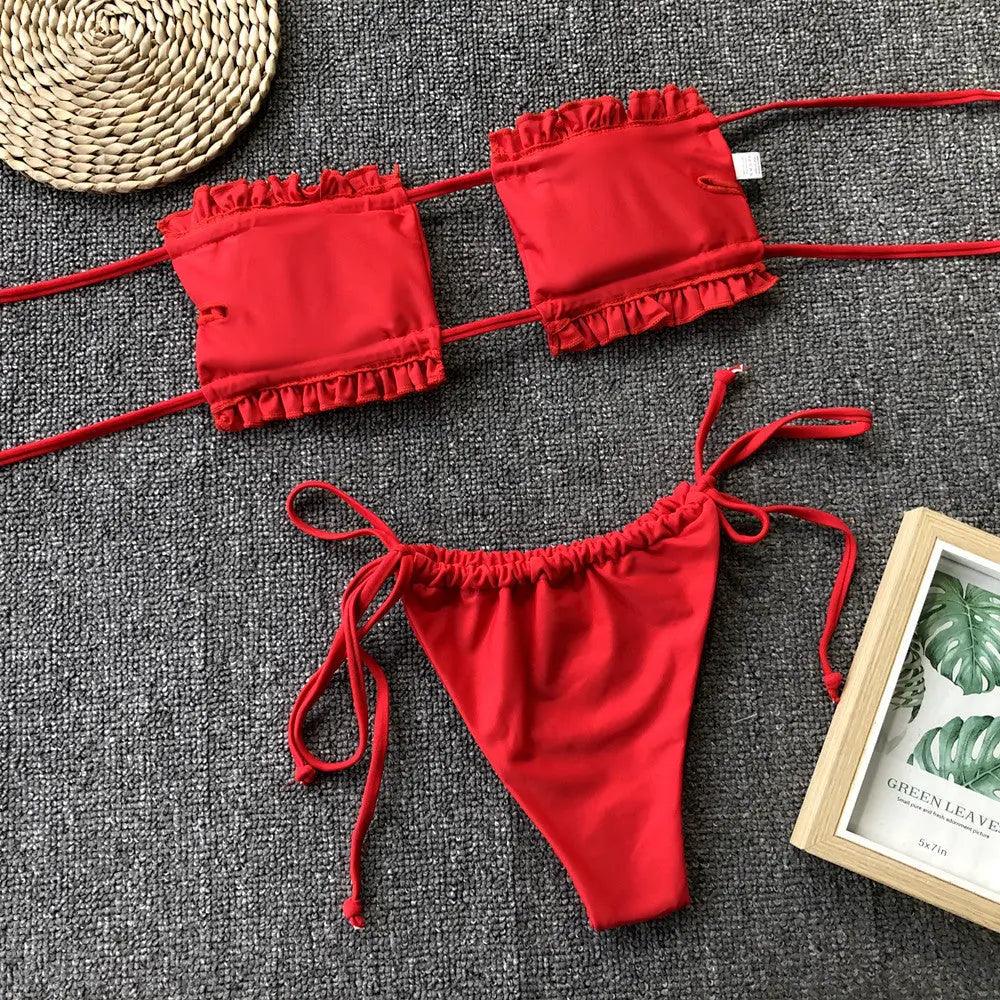 Frill Trim Ruched Bikini Set.