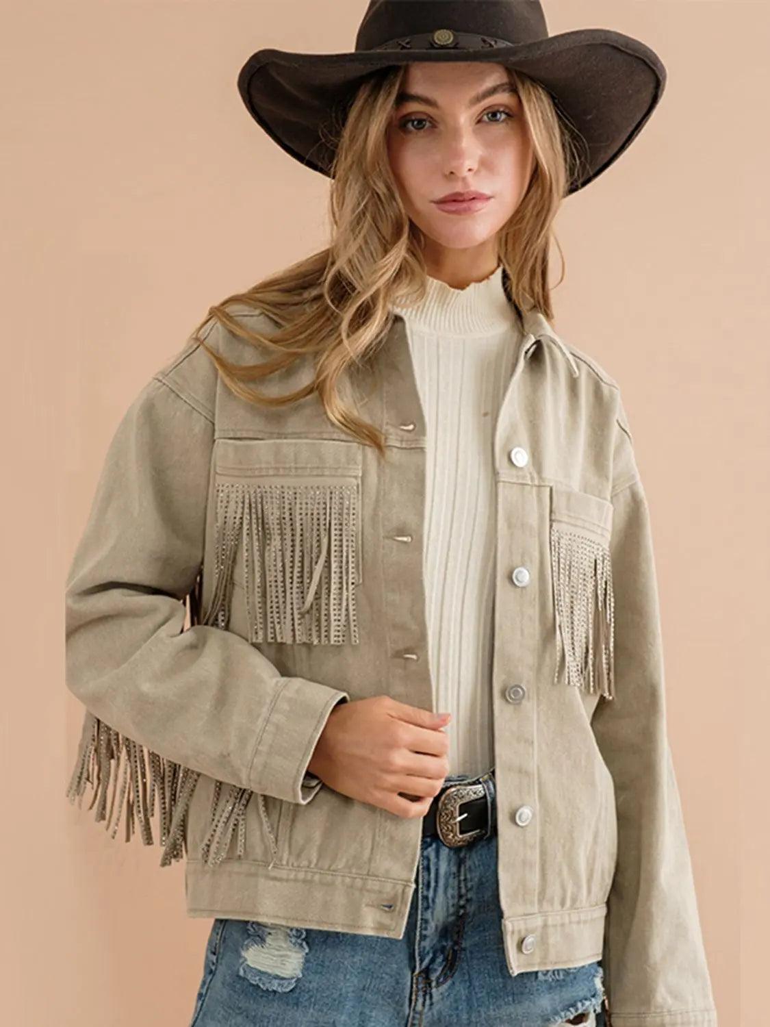 Fringe Detail Dropped Shoulder Denim Jacket - Elena Rae Co.