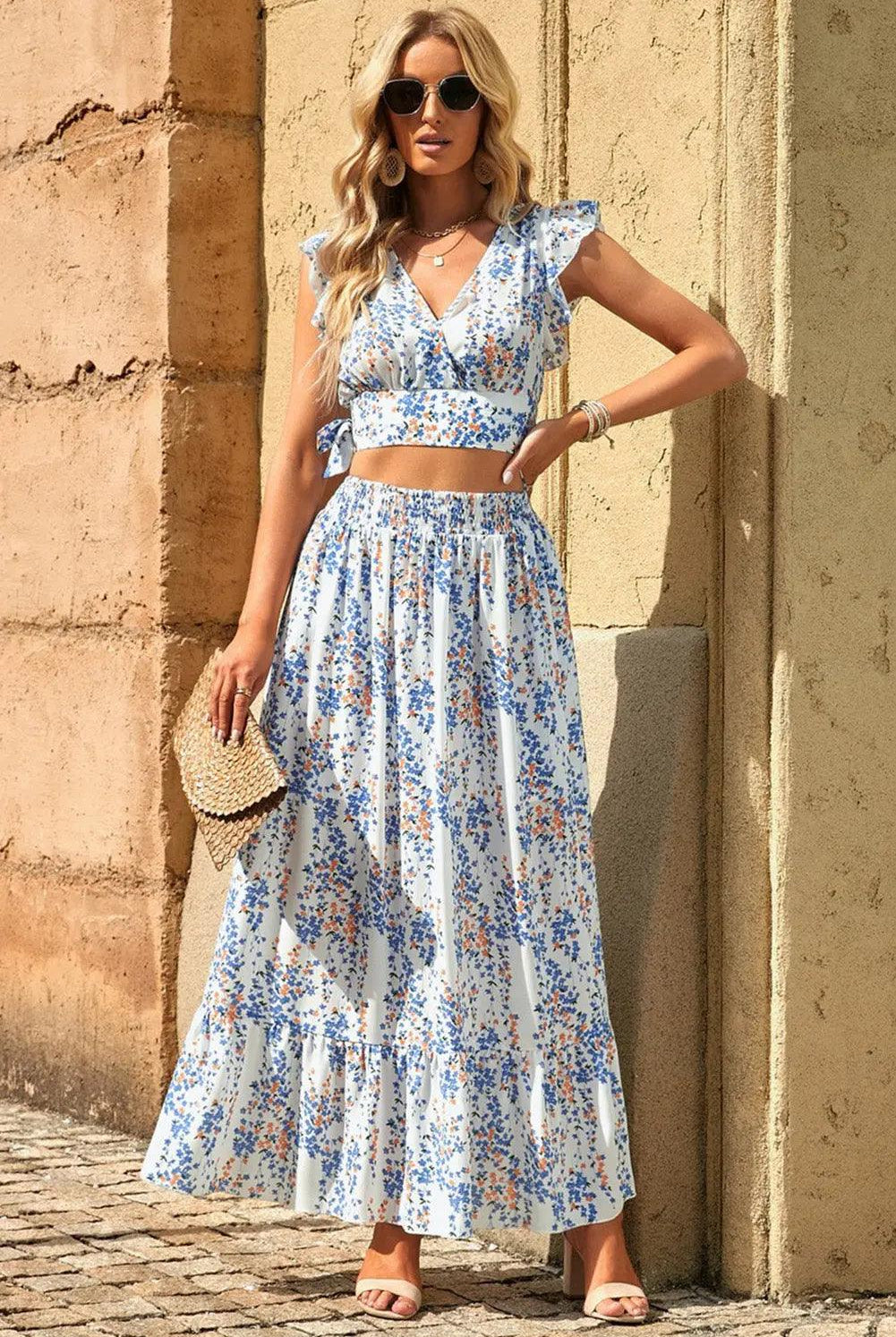 Printed Tie Back Cropped Top and Maxi Skirt Set - Elena Rae Co.