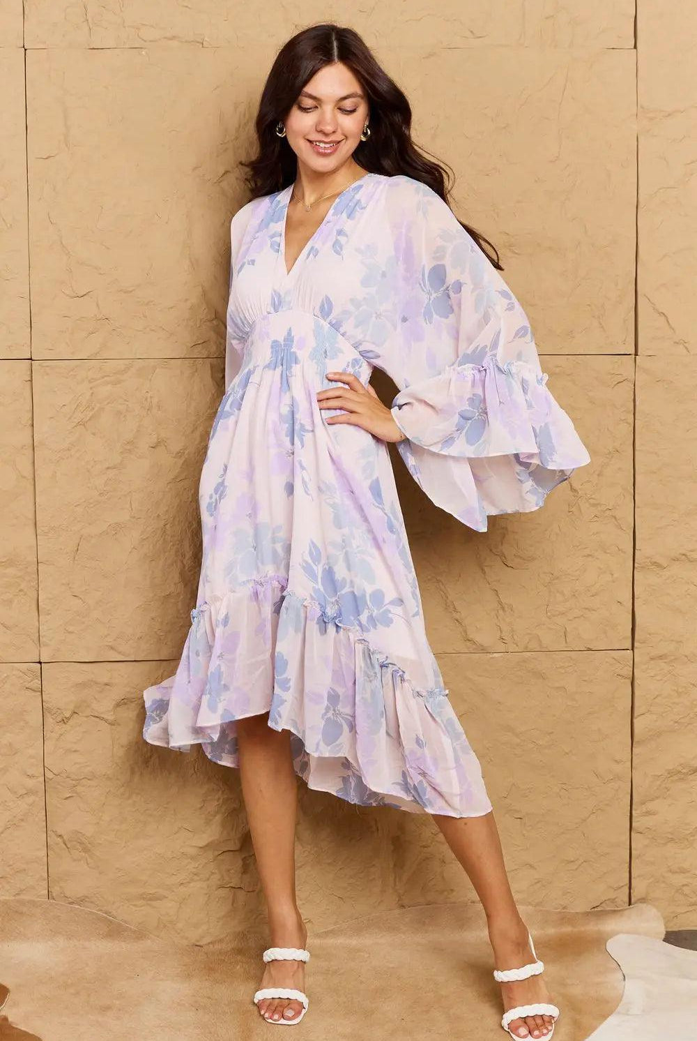 OneTheLand Take Me With You Floral Bell Sleeve Midi Dress in Blue - Elena Rae Co.