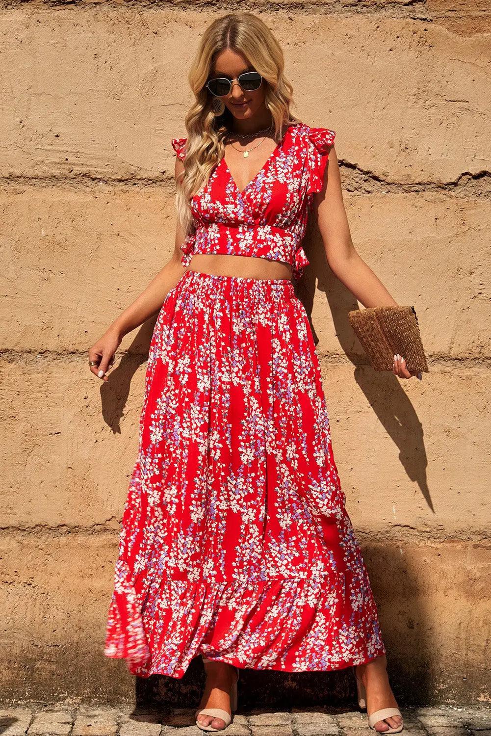 Printed Tie Back Cropped Top and Maxi Skirt Set - Elena Rae Co.