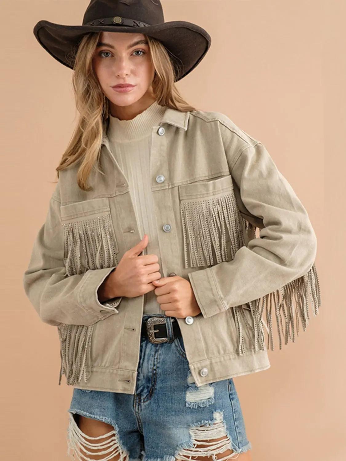 Fringe Detail Dropped Shoulder Denim Jacket - Elena Rae Co.