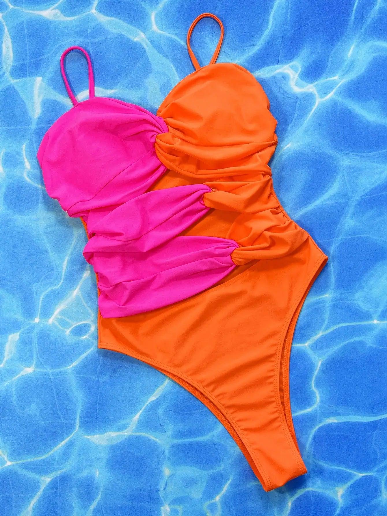 Two-Tone Twisted Cutout One-Piece Swimsuit - Elena Rae Co.