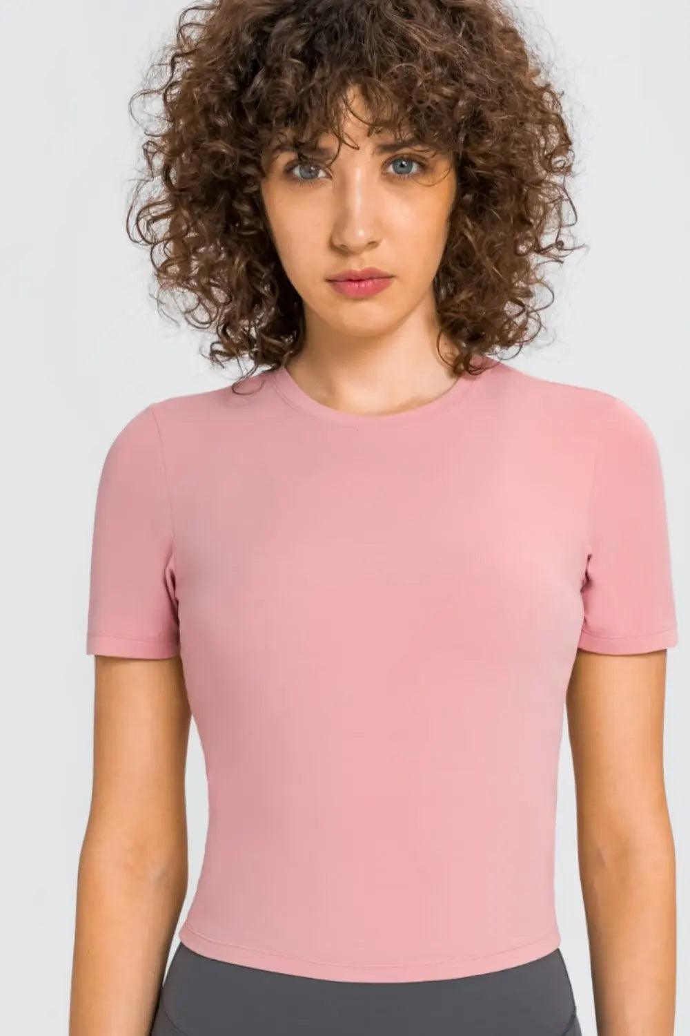 Round Neck Short Sleeve Yoga Tee - Elena Rae Co.