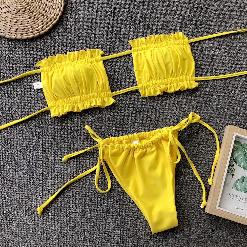 Frill Trim Ruched Bikini Set.