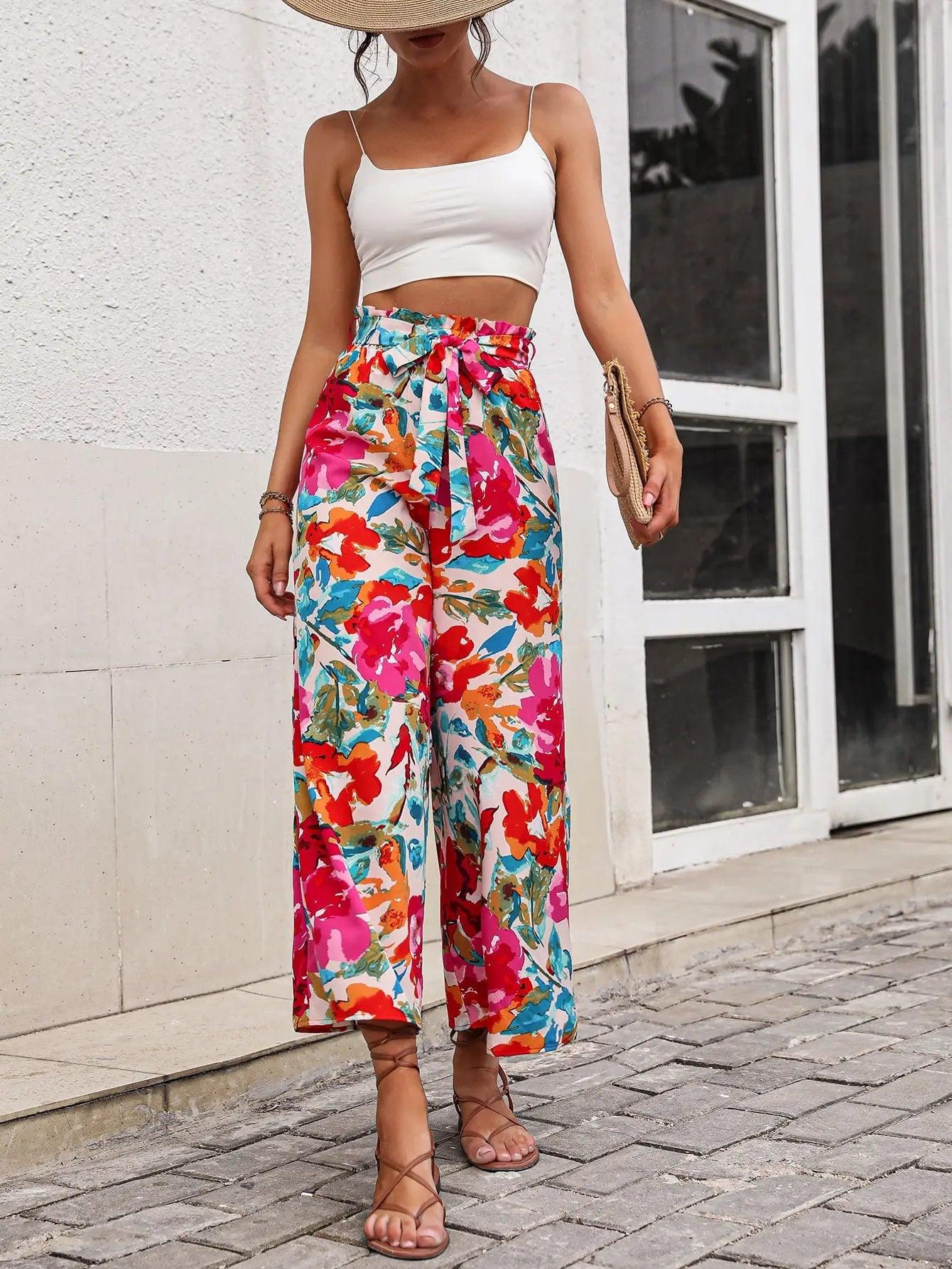 Floral Tie Belt Wide Leg Pants - Elena Rae Co.