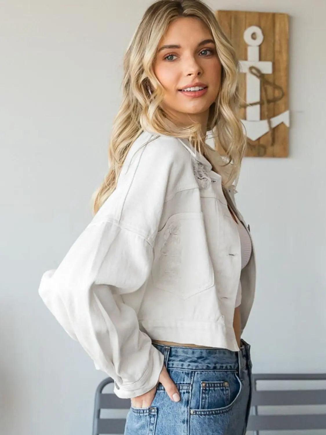 Cropped Collared Neck Dropped Shoulder Denim Jacket - Elena Rae Co.