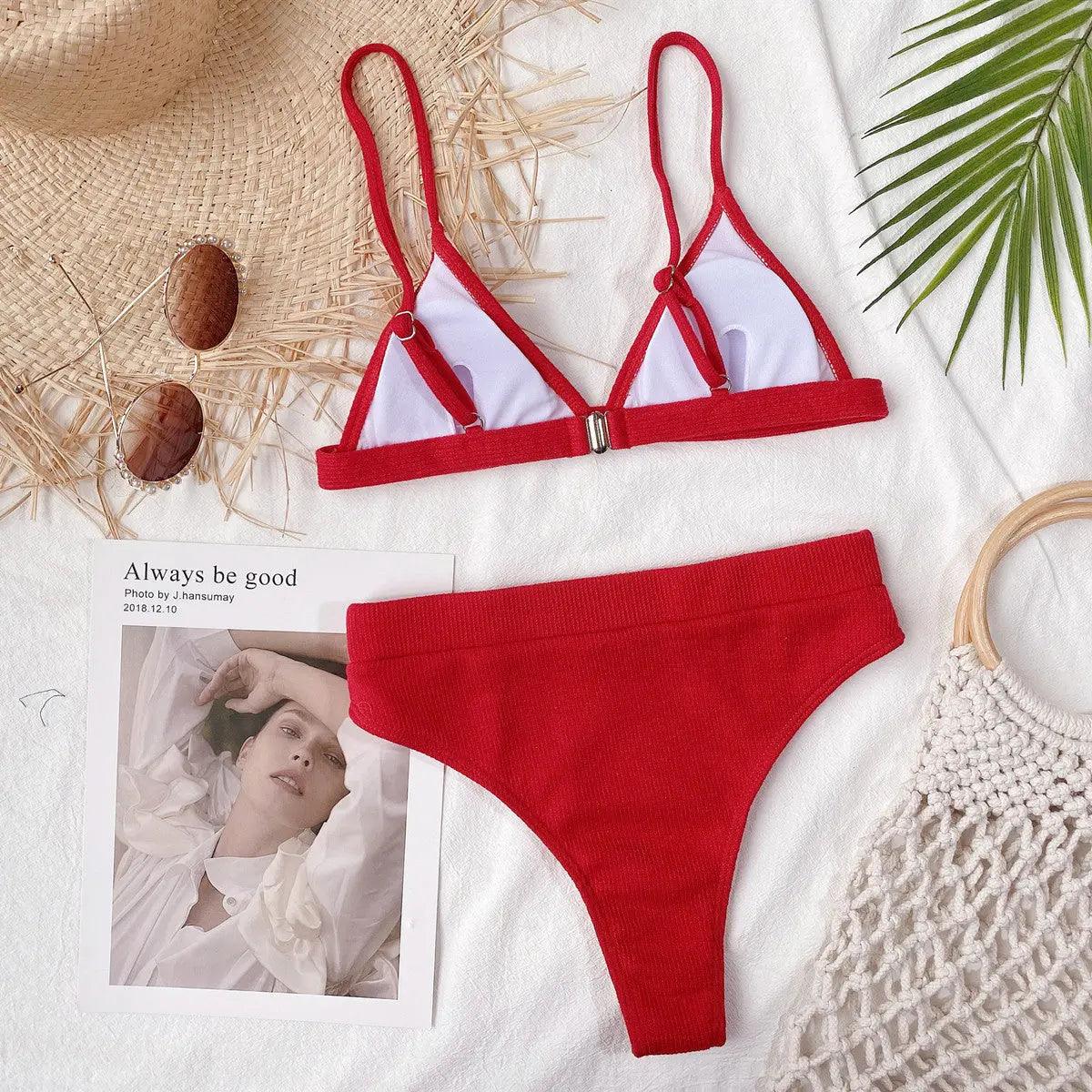 Spaghetti Strap Ribbed Bikini Set.